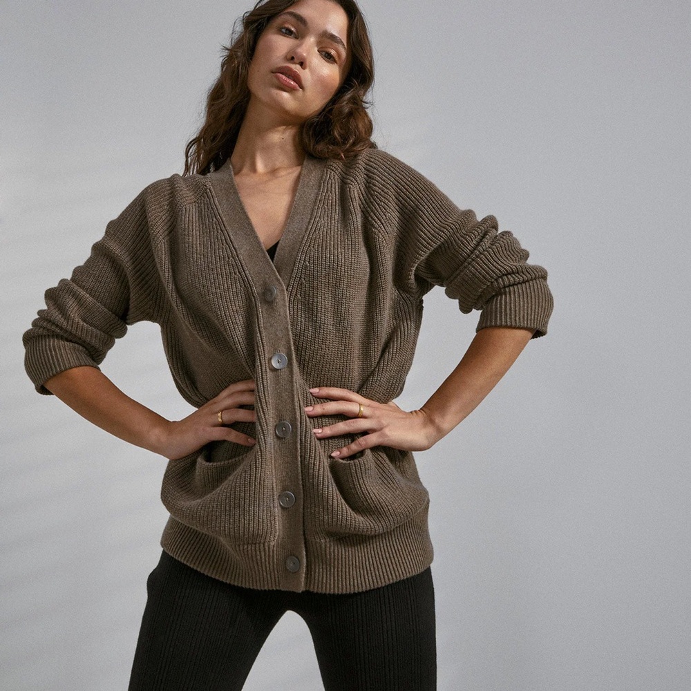 lunya Taupe Button-Up Ribbed Cardigan